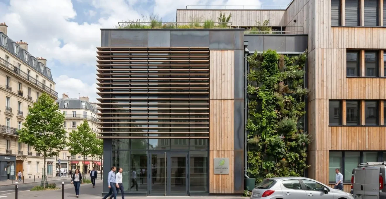 Façade d'immeuble de bureaux contemporain avec architecture bioclimatique (larges vitrages, protections solaires, végétalisation) et plaque de certification environnementale visible