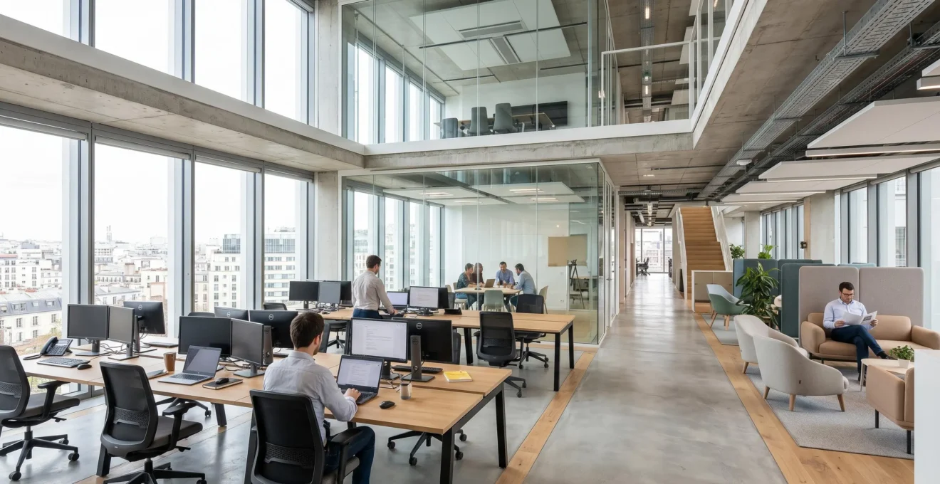 Open space moderne aménagé en flex office avec postes partagés, cloisons vitrées délimitant espaces collaboratifs, zones informelles et matériaux contemporains (béton, verre, bois clair), baigné de lumière naturelle