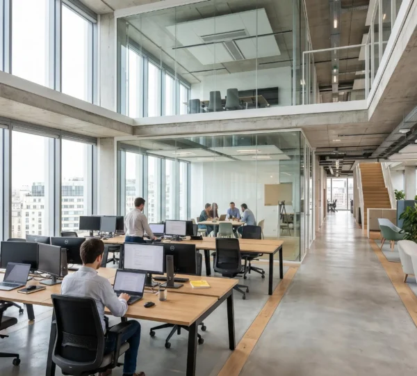 Open space moderne aménagé en flex office avec postes partagés, cloisons vitrées délimitant espaces collaboratifs, zones informelles et matériaux contemporains (béton, verre, bois clair), baigné de lumière naturelle
