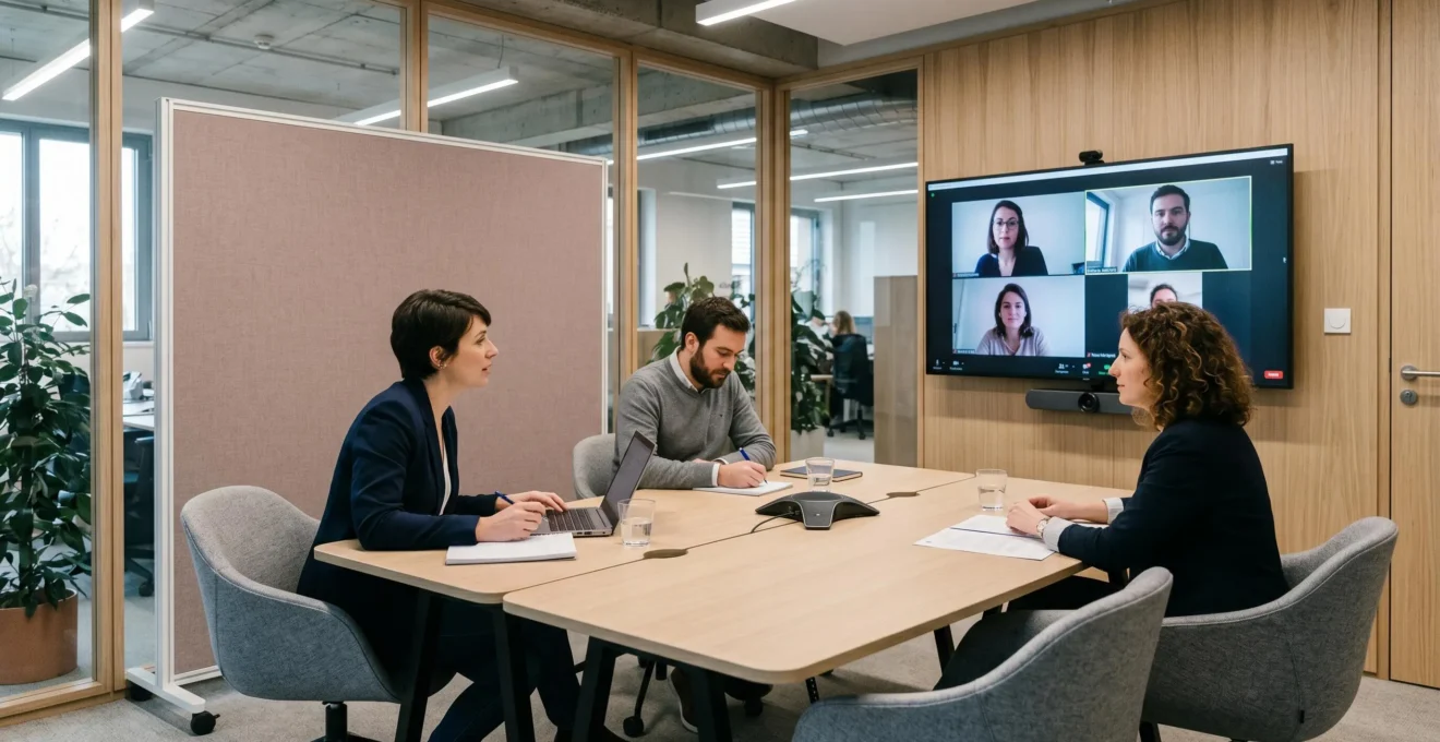 Salle de réunion collaborative équipée d'écran de visioconférence, table modulaire et cloisons mobiles, avec participants en réunion hybride présentiel et distanciel